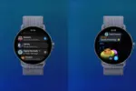 Two Apple Watch screens side by side on a blue gradient background; left shows a messages list, right shows a chat saying 'Good morning!' with a sleeping emoji.