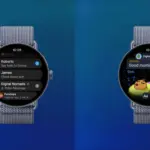 Two Apple Watch screens side by side on a blue gradient background; left shows a messages list, right shows a chat saying 'Good morning!' with a sleeping emoji.
