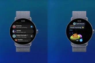 Two Apple Watch screens side by side on a blue gradient background; left shows a messages list, right shows a chat saying 'Good morning!' with a sleeping emoji.