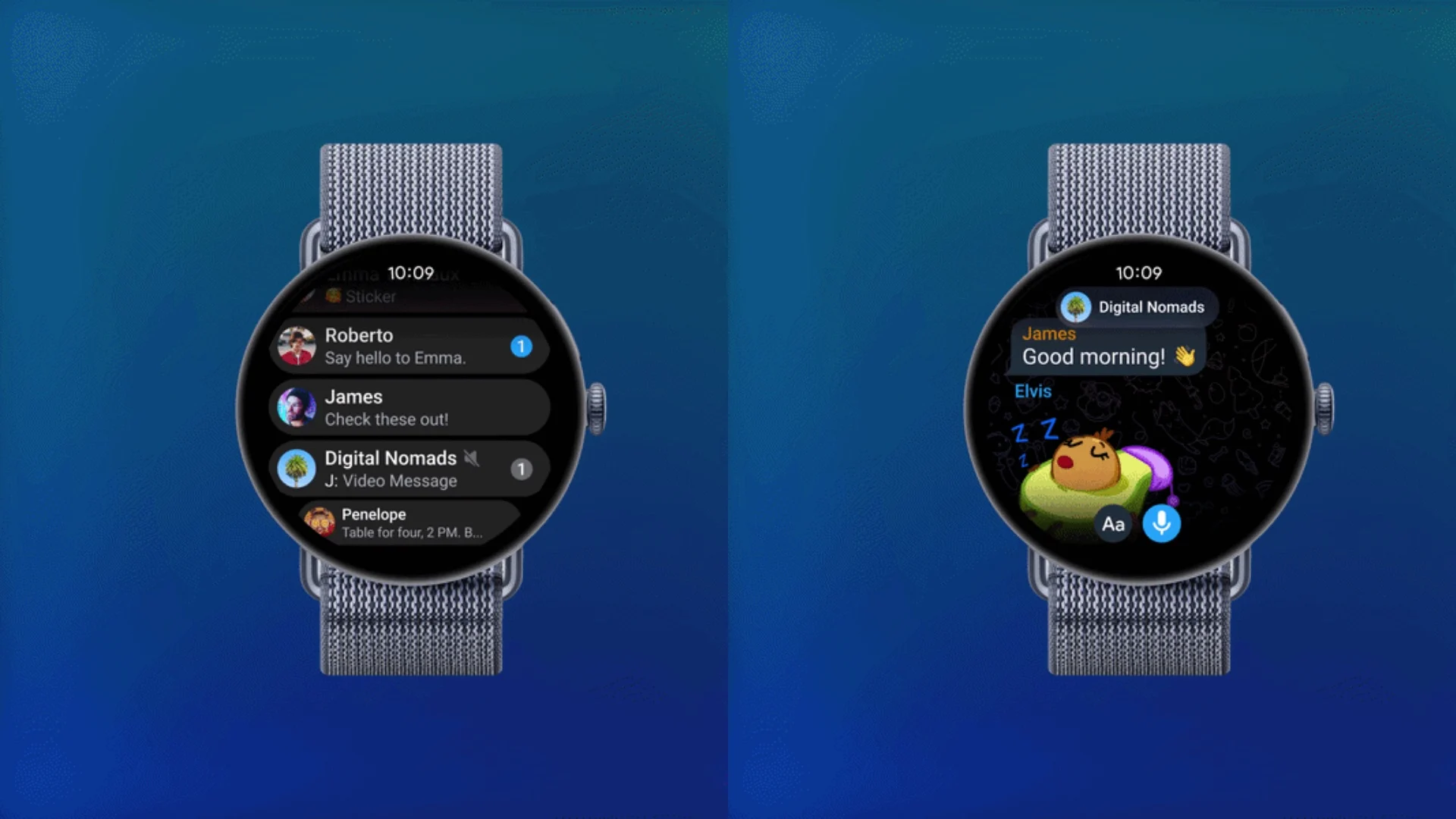 Two Apple Watch screens side by side on a blue gradient background; left shows a messages list, right shows a chat saying 'Good morning!' with a sleeping emoji.