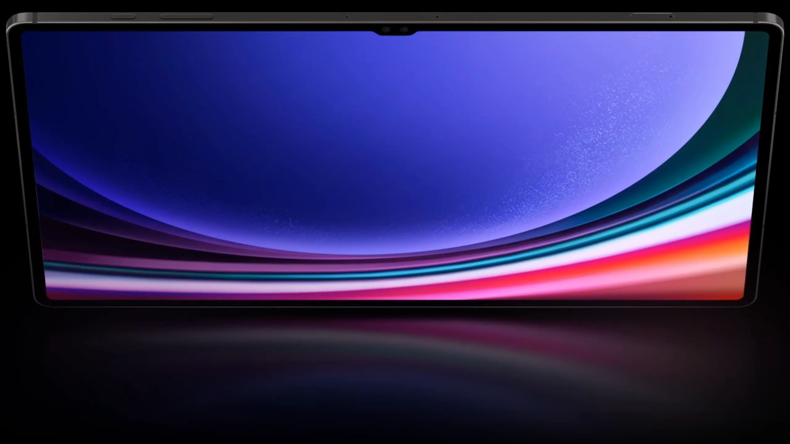 Close-up of a black smartphone with a curved edge and a vibrant blue-purple gradient display against a dark background.