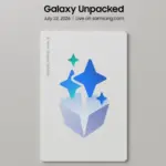 Samsung Galaxy Unpacked promo banner: event date July 22, 2026, with a white product box and blue star icons on a gray background, suggesting a new device reveal