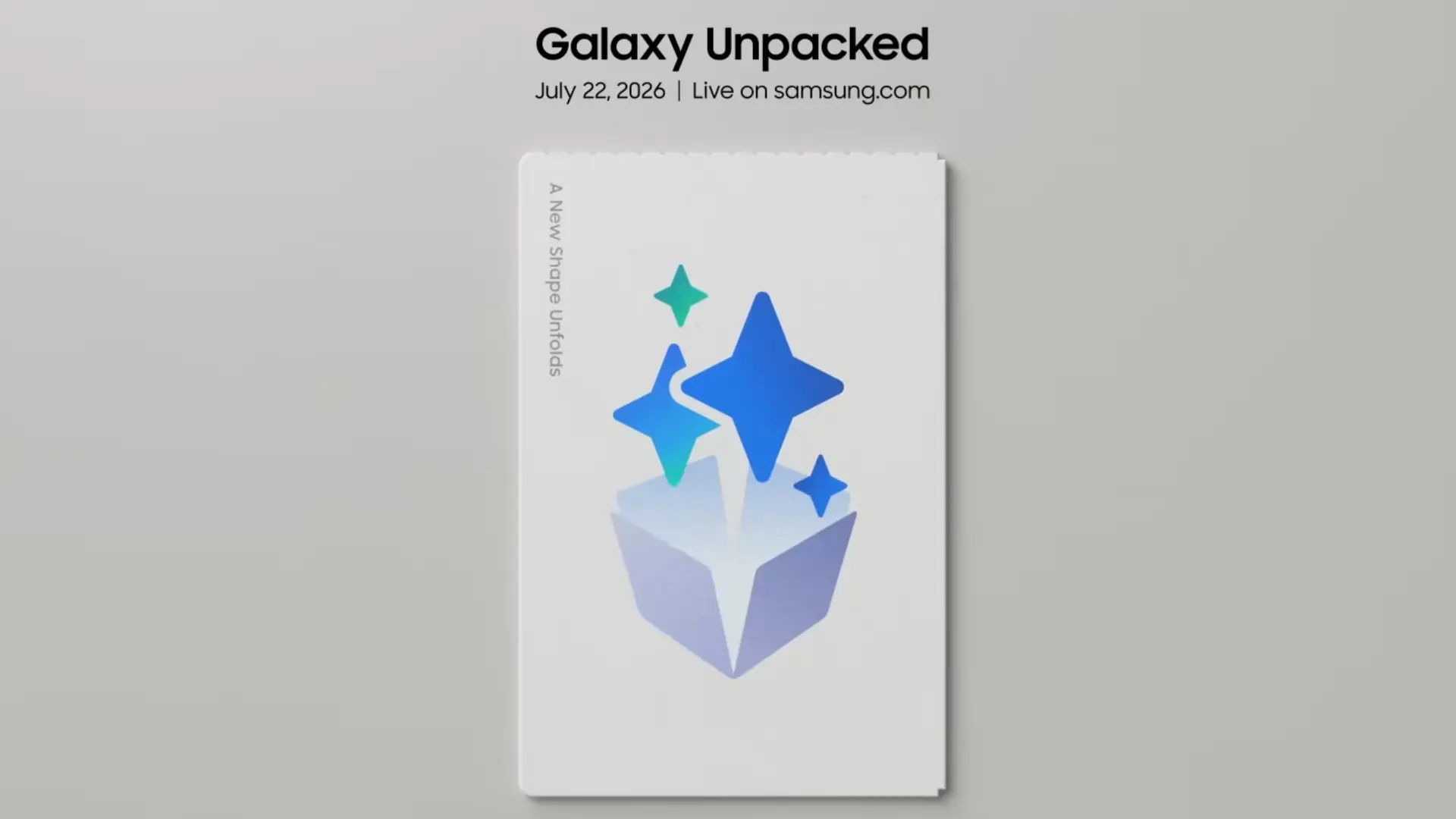 Samsung Galaxy Unpacked promo banner: event date July 22, 2026, with a white product box and blue star icons on a gray background, suggesting a new device reveal