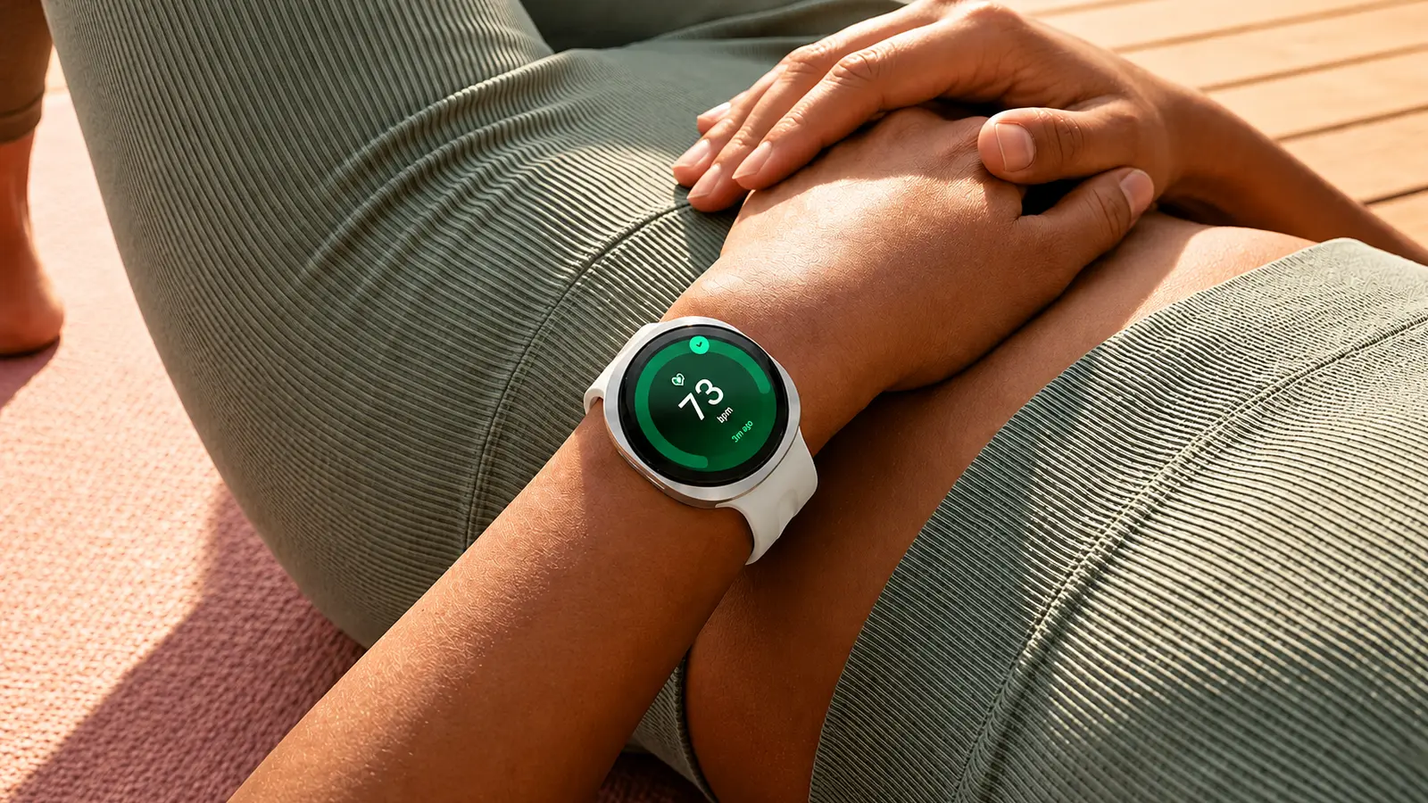 Close-up of a person wearing a white smartwatch showing heart rate 73 bpm on a green screen, resting hands on knee outdoors.