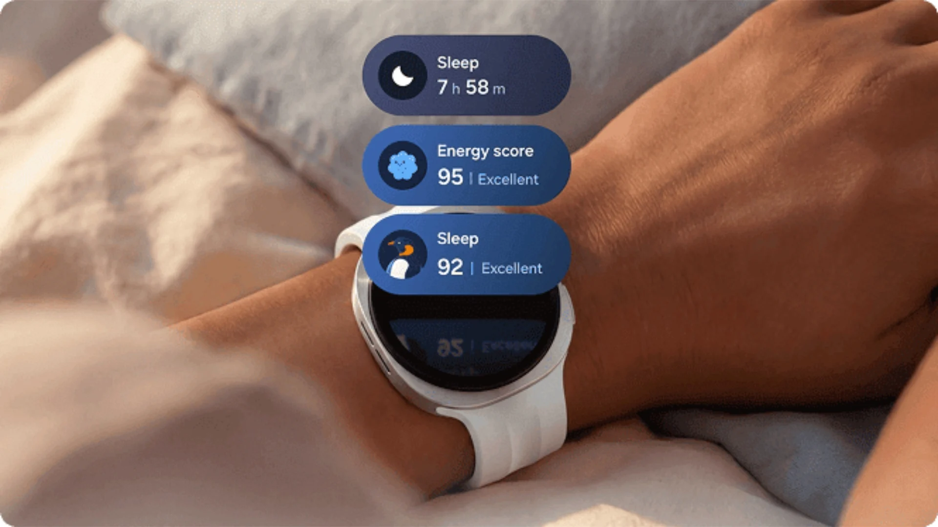 Smartwatch on wrist showing health metrics: sleep duration and energy scores in blue rounded panels