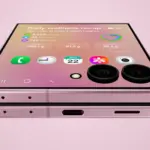 Close-up of a pink smartphone with a curved edge, dual rear cameras, and a large home screen showing wellness widgets on a pink background.