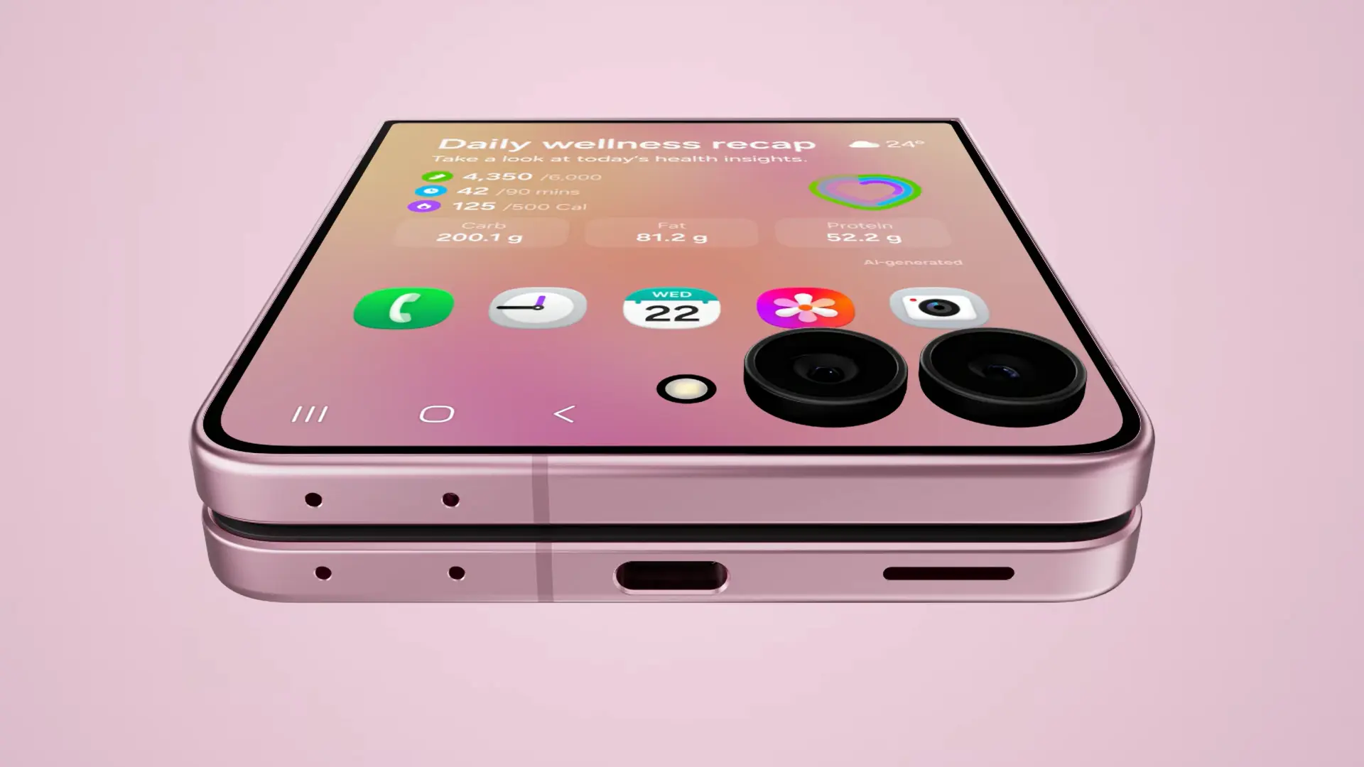 Close-up of a pink smartphone with a curved edge, dual rear cameras, and a large home screen showing wellness widgets on a pink background.