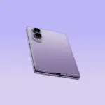 Purple smartphone seen from the back with a dual-camera module against a lavender gradient background