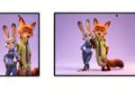 Two tablets showing Judy Hopps and Nick Wilde from Zootopia posing together against a purple background (promo image).