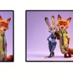 Two tablets showing Judy Hopps and Nick Wilde from Zootopia posing together against a purple background (promo image).