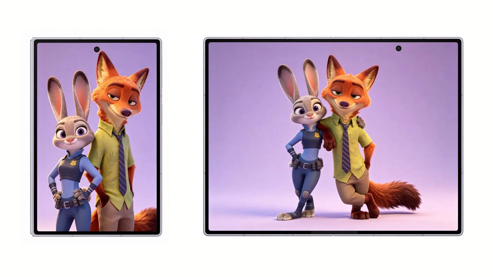 Two tablets showing Judy Hopps and Nick Wilde from Zootopia posing together against a purple background (promo image).