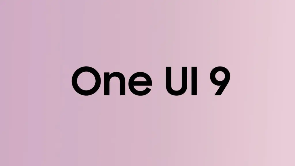 Text reads 'One UI 9' in bold black on a soft pink background.