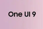 Text reads 'One UI 9' in bold black on a soft pink background.