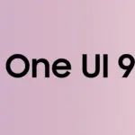 Text reads 'One UI 9' in bold black on a soft pink background.
