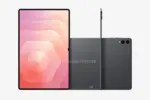 Front and back views of a gray tablet with an edge-to-edge pink gradient display on the left and a dual-camera module on the back right.