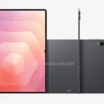Front and back views of a gray tablet with an edge-to-edge pink gradient display on the left and a dual-camera module on the back right.