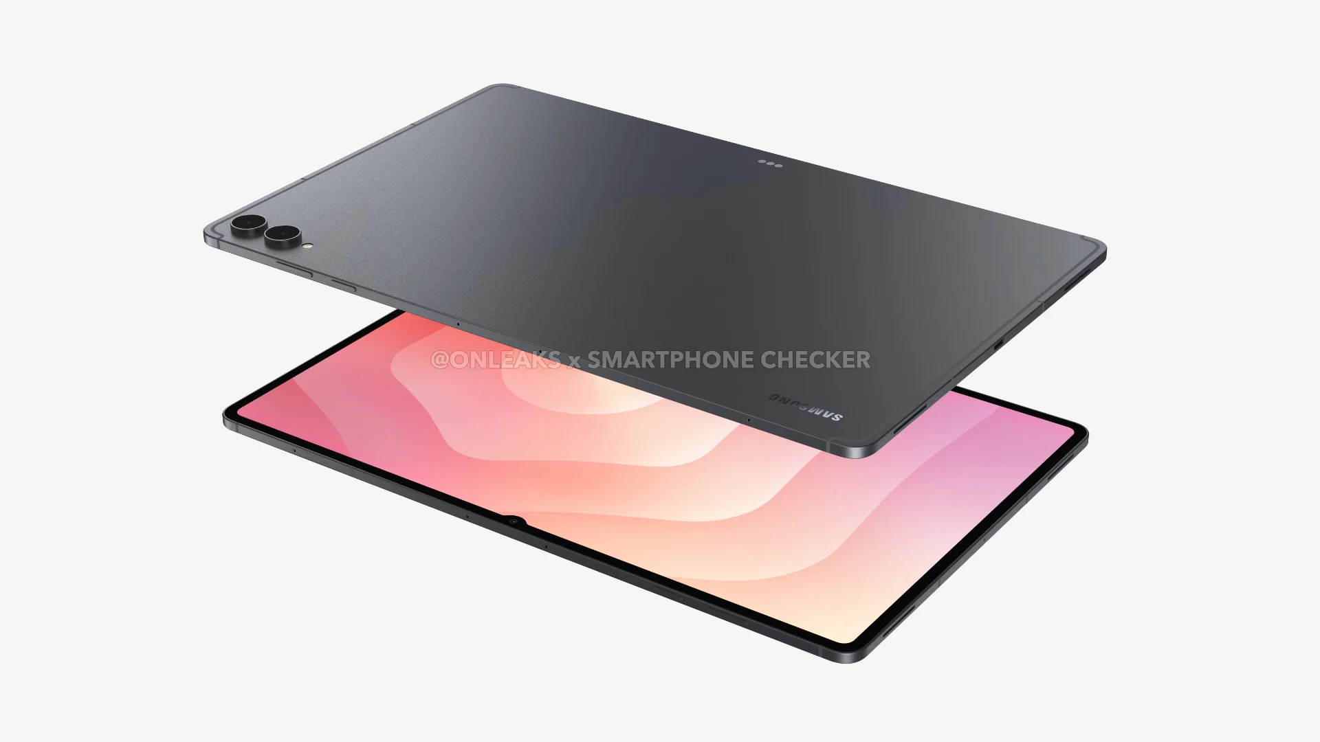 Two overlapping devices: a dark gray smartphone showing its dual-camera module on the back, over a pink-gradient display on the lower device, set against a light background.