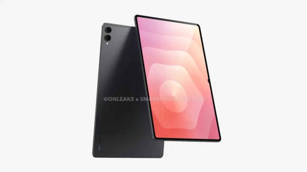 3/4 view of a slim black tablet showing its dual-camera back and a large edge-to-edge display with pink wallpaper