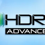 HDR10+ Advanced logo with multicolored sliding panels on a blue background