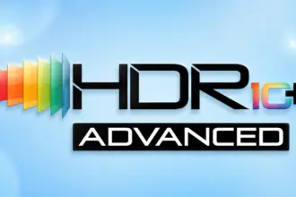 HDR10+ Advanced logo with multicolored sliding panels on a blue background