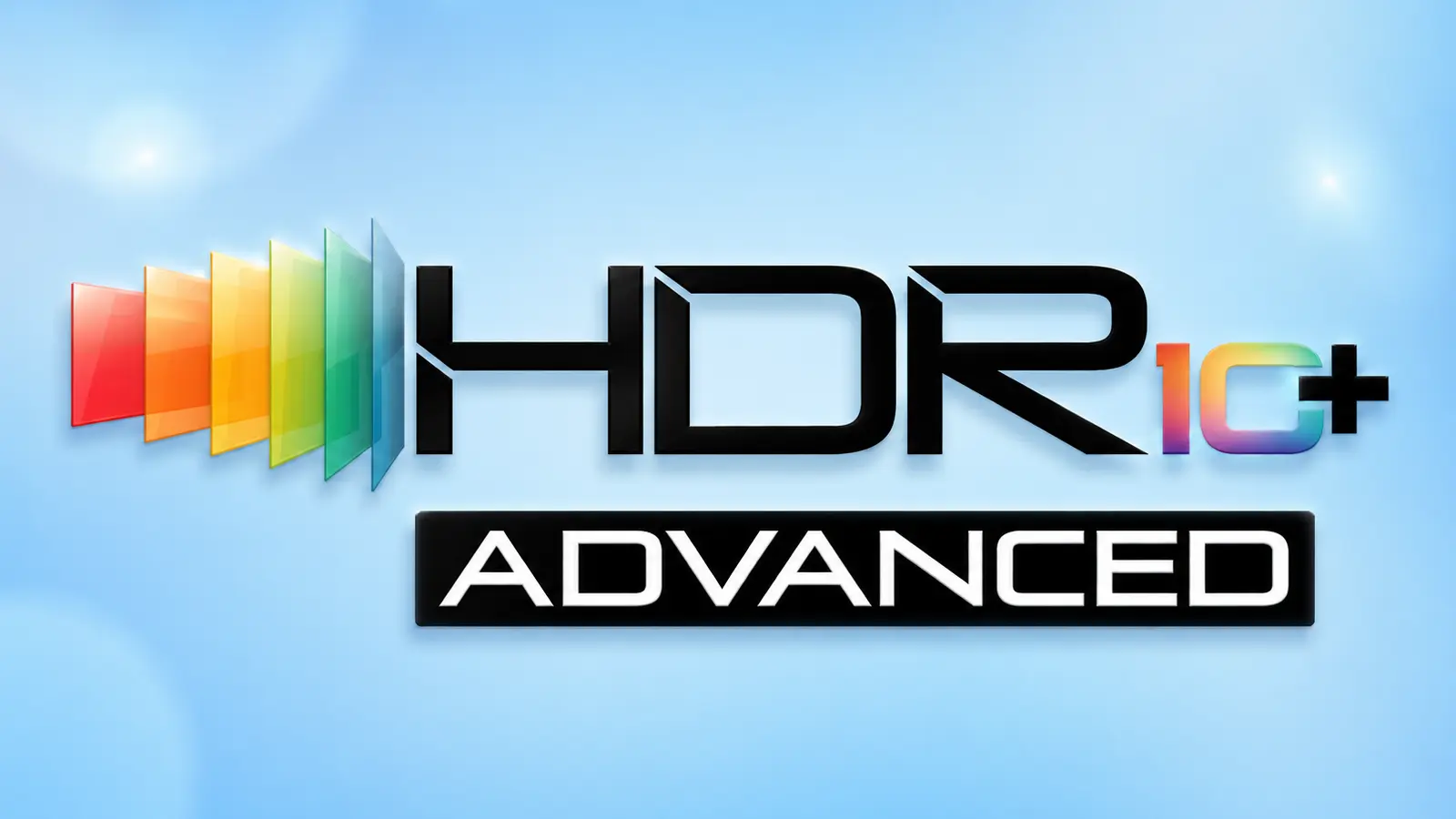 HDR10+ Advanced logo with multicolored sliding panels on a blue background