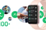 Smartwatch displaying multiple fitness activities (Walking, Running, Bike, Track Run) with 100+ activities text and various sport icons in green circles behind it.