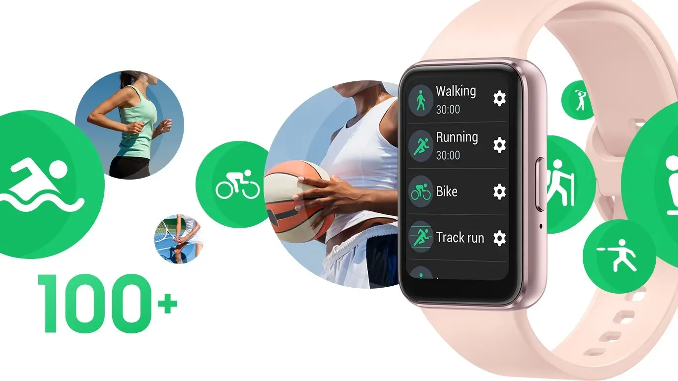 Smartwatch displaying multiple fitness activities (Walking, Running, Bike, Track Run) with 100+ activities text and various sport icons in green circles behind it.