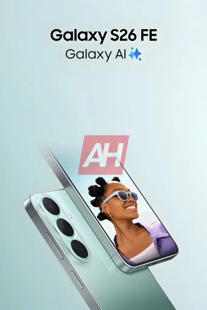 Samsung Galaxy S26 FE in teal, angled with the screen showing a smiling woman wearing sunglasses and Galaxy AI branding above.