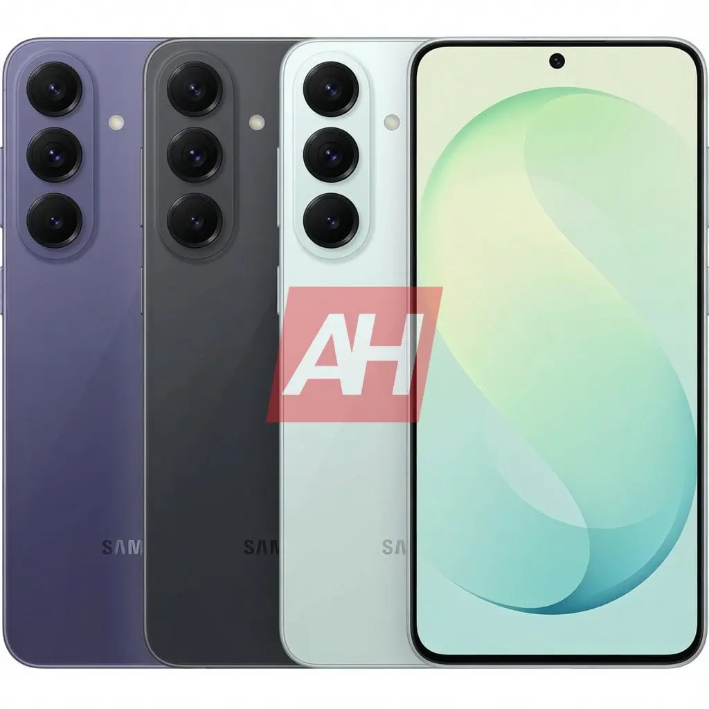 Four Samsung smartphones in purple, black, white, and mint, displaying rear triple-camera modules and a front screen with abstract wallpaper.