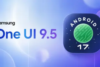 Promo banner showing Samsung One UI 9.5 with an Android 17 icon on a blue gradient background.