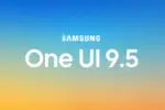 Samsung One UI 9.5 branding displayed over a blue-to-orange gradient background.