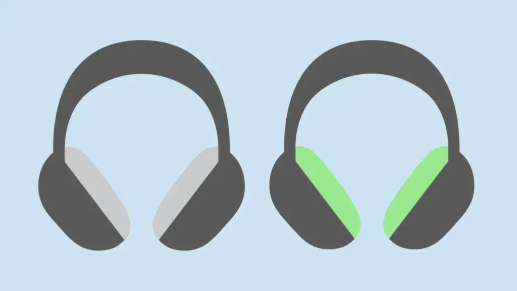 Two over-ear headphones shown side by side on a light blue background, left with light gray ear cushions and right with mint-green cushions, illustrating color variants.